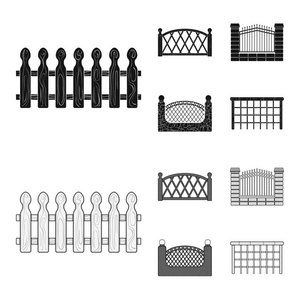 一块金属和砖块的栅栏, 木栅栏。一个不同的围栏集合图标黑色, 单色风格矢量符号股票插画网站
