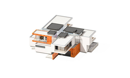 3d. 在河边用车库出售或出租现代舒适的房子。在白色上隔离