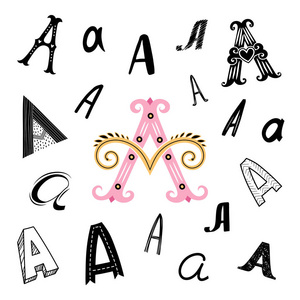 以不同的样式设置字母 a.在白色背景上手绘绘画.