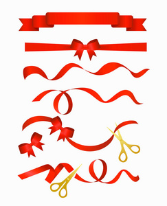 用金色剪刀收集红色丝带的矢量插图, 在白色背景下被隔离