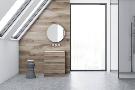 白色浴室内部有混凝土地板, 阁楼窗口和一个木水槽, 上面挂着一个圆形镜子。3d 渲染模拟