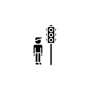 交通灯黑色图标概念。交通灯平面矢量符号, 符号, 插图