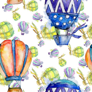 热风气球背景飞行空中交通说明。无缝的背景图案。织物墙纸打印纹理