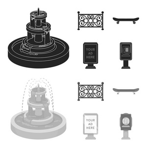喷泉, 栅栏, 滑板, 广告牌。公园集合图标黑色, 单色风格矢量符号股票插画网站