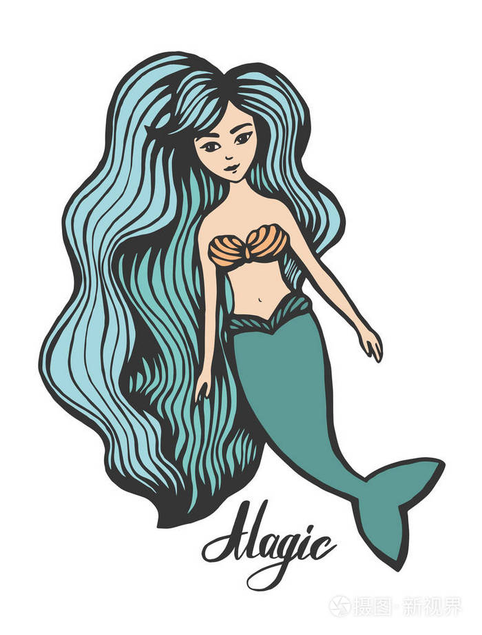 长头发的美人鱼.手绘夏日涂鸦.矢量插画卡通人物.年轻的女孩.