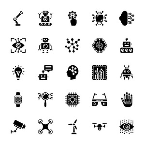 图标集智能工厂配备 agv, 机器人载体, 3d 打印机和机器人采摘系统