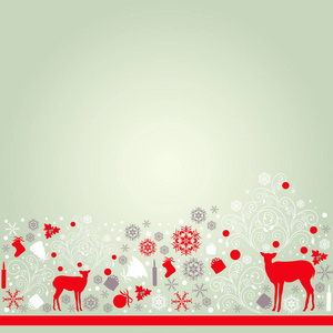 带装饰喇叭的圣诞鹿贺卡绿色背景, 矢量, 插图