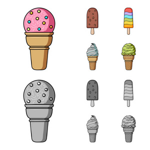 冰淇淋在棍子上, 在一个华夫饼锥和其他种类。冰淇淋集合图标卡通, 单色风格矢量符号股票插画网站