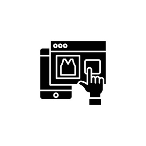网络移动购物黑图标概念。网络移动购物平面矢量符号, 符号, 插图