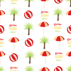 无缝模式与夏季元素, 球, 沙滩伞, 棕榈树