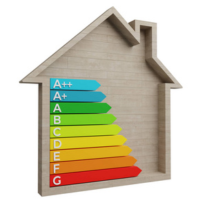 3d. 在白色背景下的木房子中渲染能量等级图