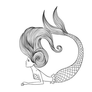 人鱼线手绘线性可爱的女孩美人鱼为着色书隔离在白色背景.