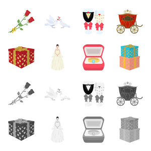 婚礼和属性卡通, 单色图标在集合中进行设计。新婚夫妇和附件矢量符号股票 web 插图