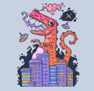 一个巨大的怪物摧毁了这个城市。恐龙是毁灭者。印刷和网络卡通插图。现代图形风格中的人物形象