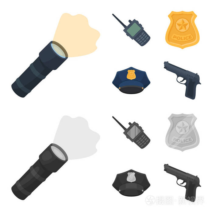 无线电,警官徽章,制服帽,。警察集合图标在卡通,单色风格矢量符号股票插画网站