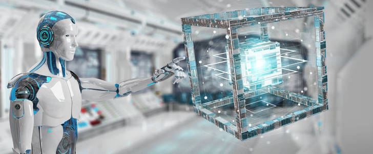 渲染技术模糊背景下的白机器人创建未来技术结构3d 渲染照片
