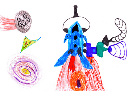 太空火箭。儿童画