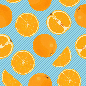 条纹橙蓝色无缝图案的全橙和切橙在浅蓝色背景与对角蓝条纹纹理照片