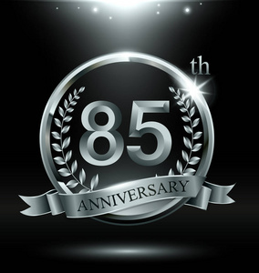 85年银色周年纪念庆祝标志与圆环和丝带, 月桂树花圈设计