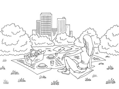 野餐篮图形黑色白色公园景观素描插画矢量钢笔工具光标.