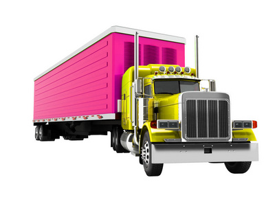 带紫色拖车的卡车黄色3d渲染白色背景无阴影