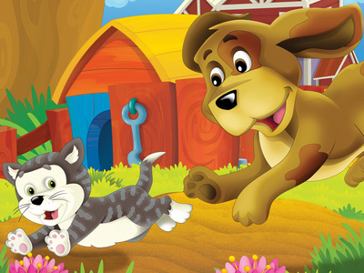 卡通狗矢量图形有趣的狗睡在猫尾巴上.