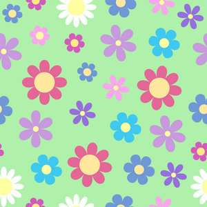可爱的风格的菊花花无缝图案在绿色背景上的明亮粉彩颜色, 矢量 eps10