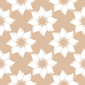 米色背景上的白色花卉装饰品。纺织品和墙纸无缝图案