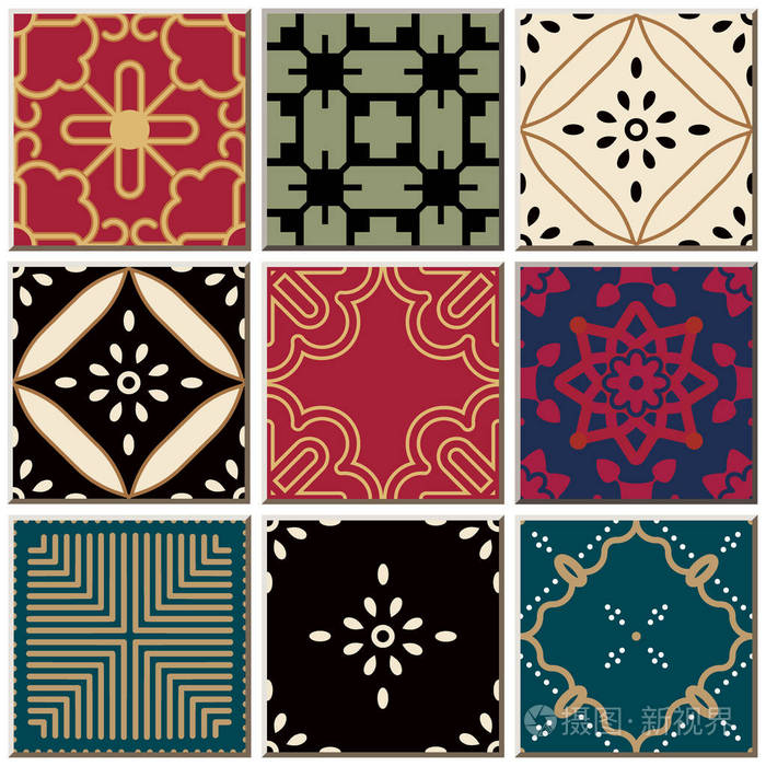 东方仿古复古瓷砖花纹组合集, 复古内饰装饰