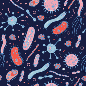 细菌细菌在深色背景向量图中与微生物细胞的无缝模式