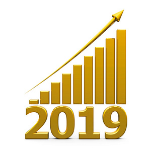 黄金业务图与金箭头上升代表增长在2019年年, 三维渲染, 3d 例证照片