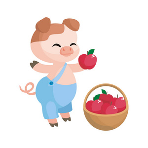 卡通风格的苹果可爱的猪。在白色背景上隔离的矢量插图