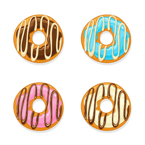 一套五颜六色的釉和巧克力在白色背景下分离的甜甜圈, 插图
