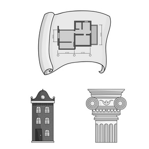 建筑和建筑中的单色图标集的设计。建筑师和设备矢量符号股票网页插图