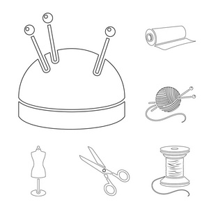 设计的集合中的画室和缝纫轮廓图标。缝纫矢量符号库的设备和工具 web 插图