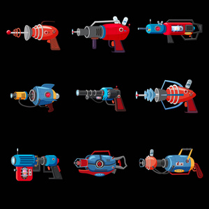 设置卡通复古空间冲击波,雷射,激光武器.矢量插图.卡通风格照片