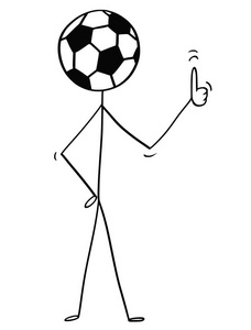 足球或足球作为头显示大拇指的棍子人字符卡通