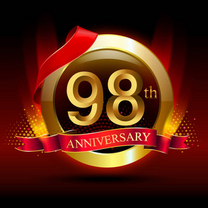 设计98年周年与白色和金色的数字黑色背景阴影98年蓝色周年纪念标志与