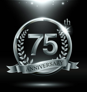 75年银色周年纪念庆祝标志与圆环和丝带, 月桂树花圈设计