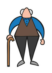 矢量插画卡通老人站在木手杖上