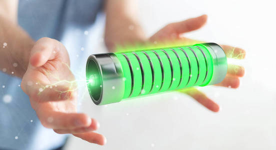 生意人在模糊的背景使用绿色电池与闪电3d 渲染