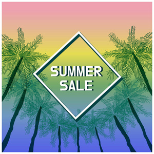 夏季销售横幅与热带有色背景。可编辑, 美丽的横幅或海报棕榈树下的夏季日落