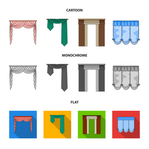 不同类型的窗帘。窗帘集合图标在卡通, 平, 单色风格矢量符号股票插画网站