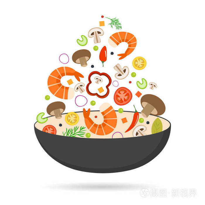 亚洲美食.吃海鲜的蔬菜.平面矢量图