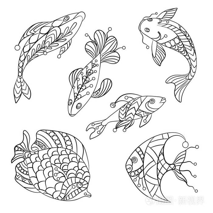 着色页为儿童和成人与一套海洋和海鱼在载体图解例证在装饰品