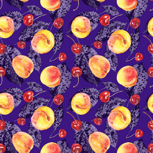 桃樱桃无缝图案, 紫色背景水彩画