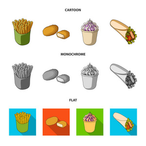 食品点心小吃等网络图标的卡通平单色风格。包装, 纸, 土豆图标集合收集