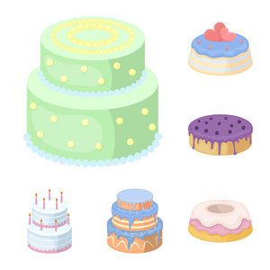 蛋糕和甜点卡通图标集合中的设计。节日蛋糕矢量符号股票网站插图