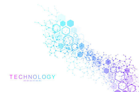 用动态线和点来抽象分子网络模式。声流波科技感平面设计。矢量几何插图