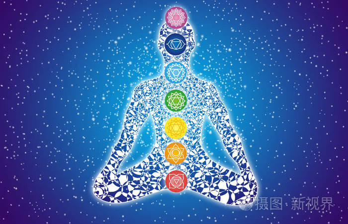 一个在莲花的瑜伽士的剪影对一个星光灿烂的天空与他的身影脉轮的迹象